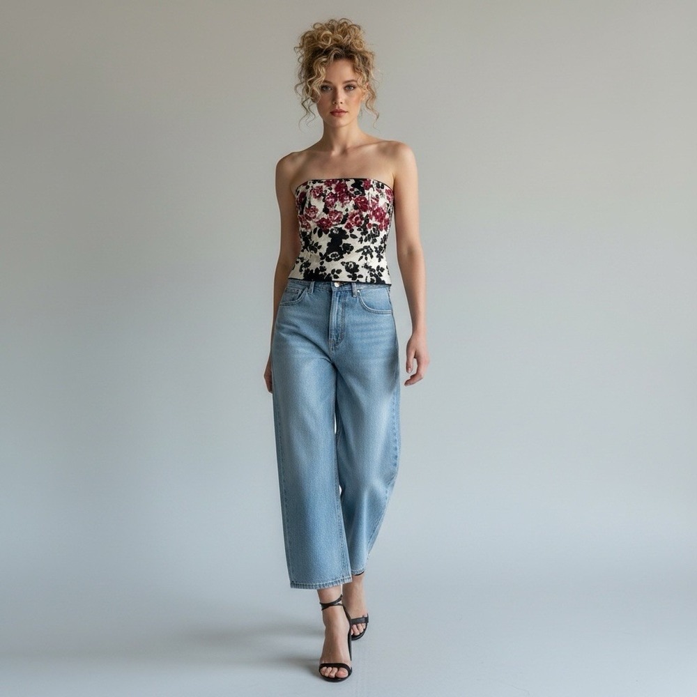 WHBM Strapless Floral Bustier Corset Red Rose Y2K Romantic Camisole Blouse 12